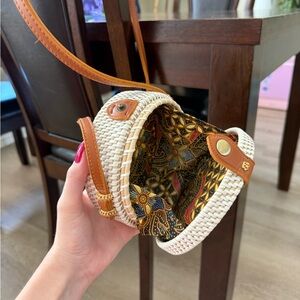 Cream and Tan Woven Crossbody Bag